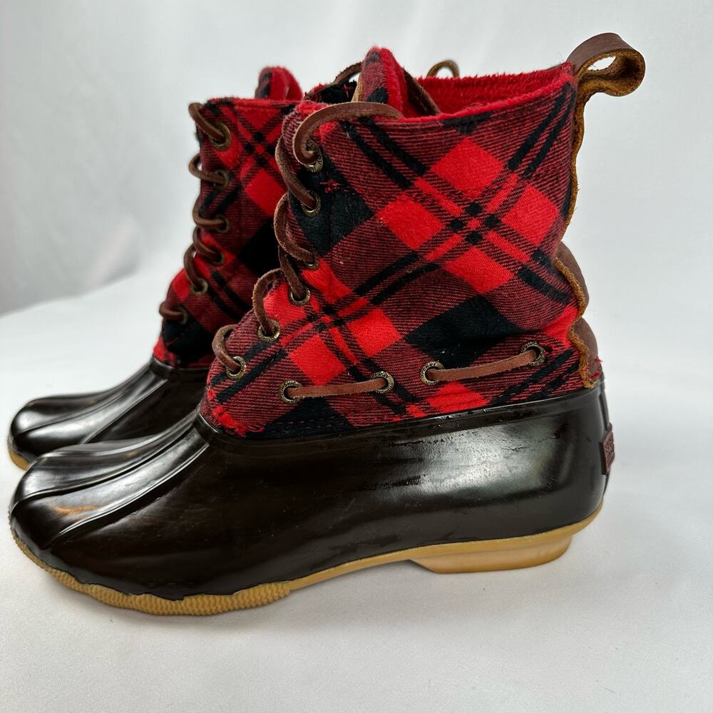 Sperry Top Sider Red and Black Buffalo Plaid Rubber Duck Boots Womens Size 7 - Picture 6 of 13